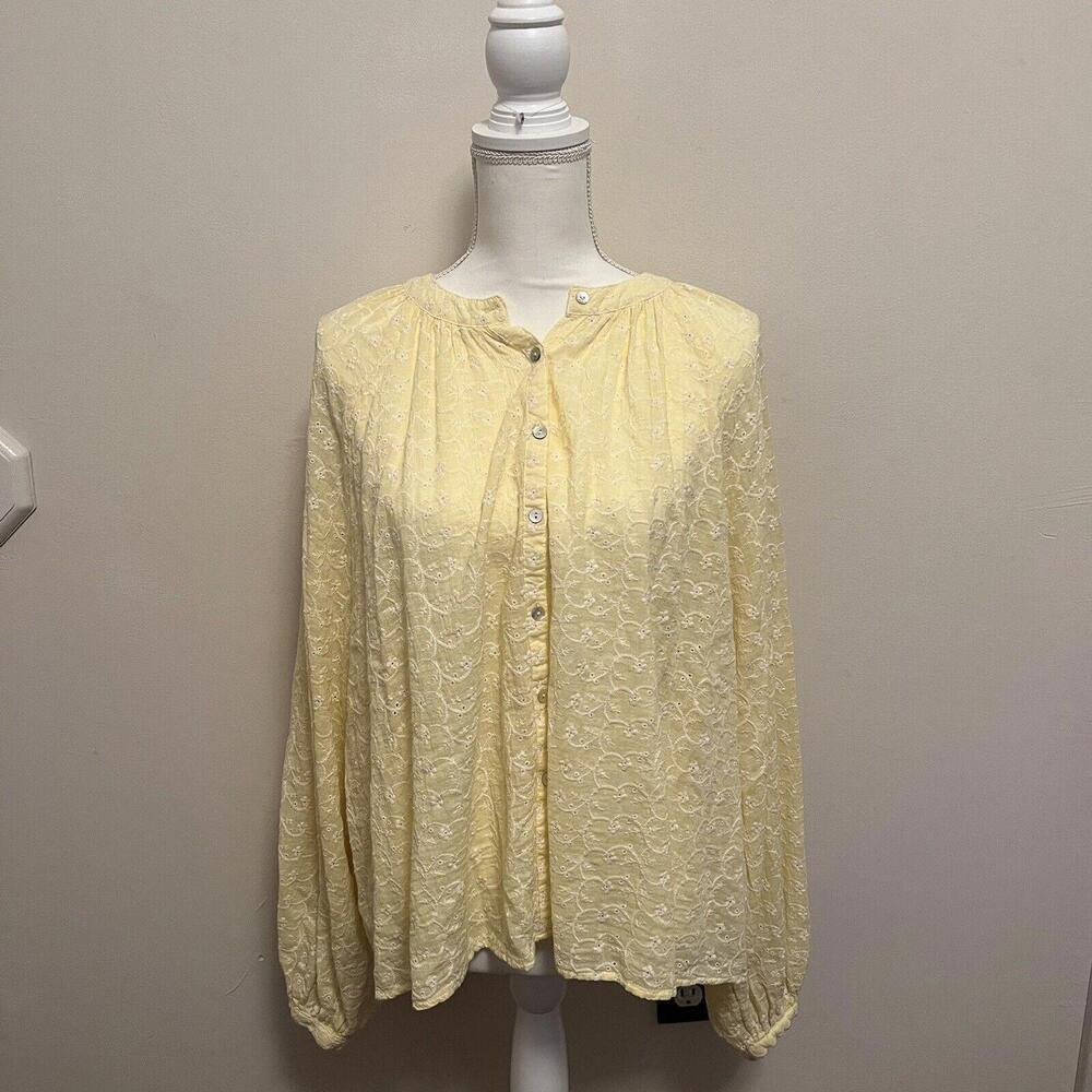 Free People yellow eyelet embroidered balloon sleeve button up Farmhouse SZ M